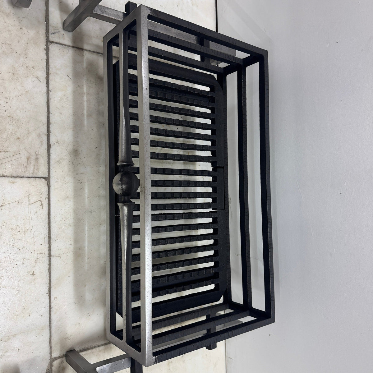 Reclaimed Polished Steel Byron Fire Basket with Newton Scroll Andirons | The Architectural Forum