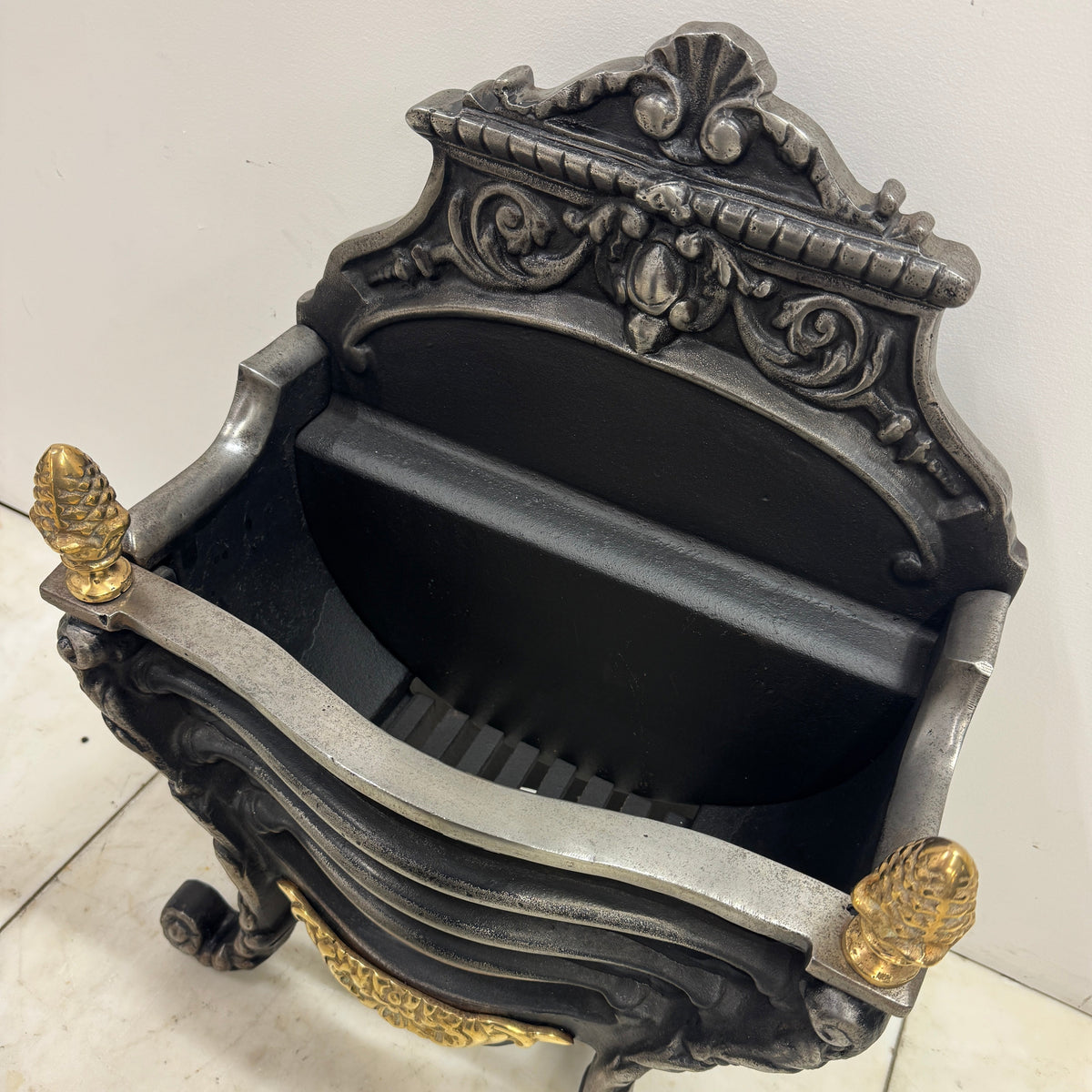 Reclaimed Cast Iron Fire Basket With Brass Finials