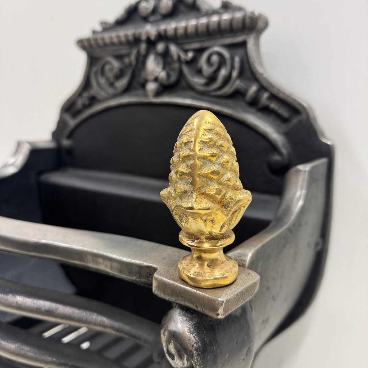 Reclaimed Cast Iron Fire Basket With Brass Finials