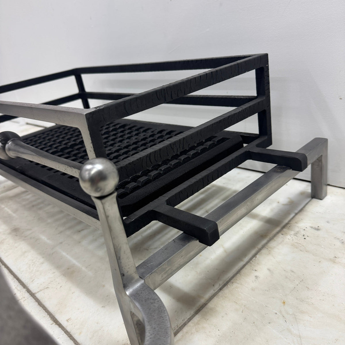 Reclaimed Polished Steel Byron Fire Basket with Newton Scroll Andirons | The Architectural Forum