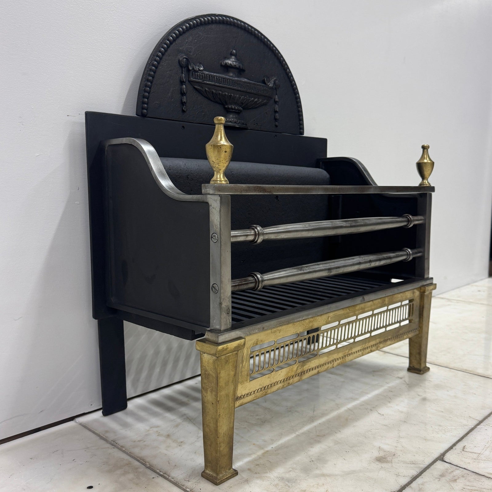 Regency-Style Reclaimed Fire Basket With Brass Finials | The Architectural Forum