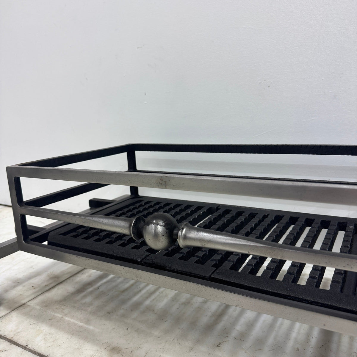Reclaimed Polished Steel Byron Fire Basket with Newton Scroll Andirons | The Architectural Forum