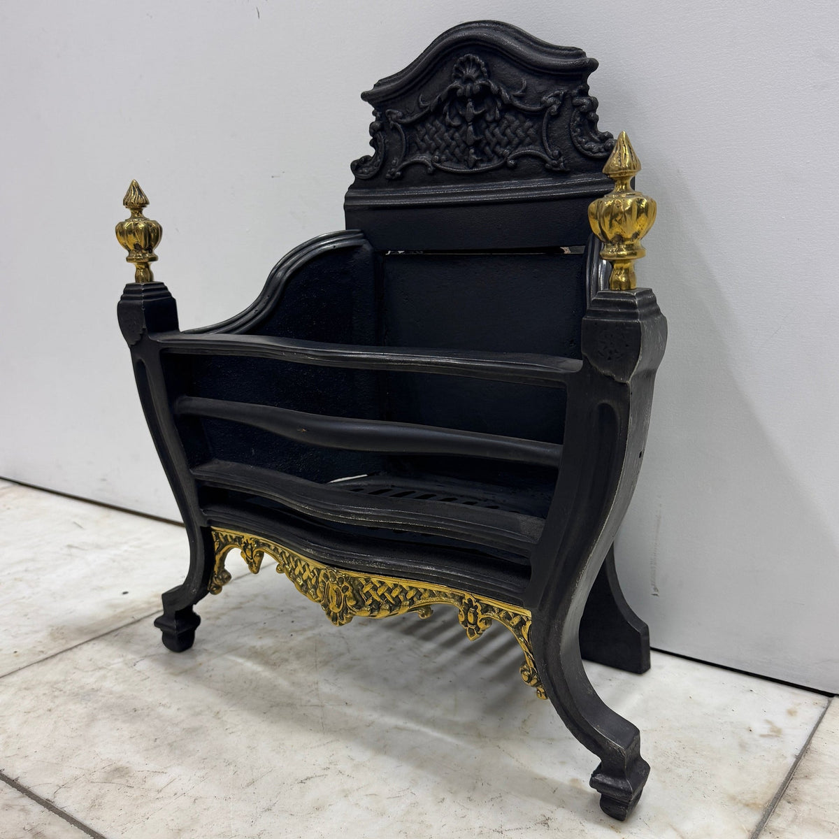 Reclaimed Cast Iron Fire Basket with Brass Finials and Decorative Apron | The Architectural Forum