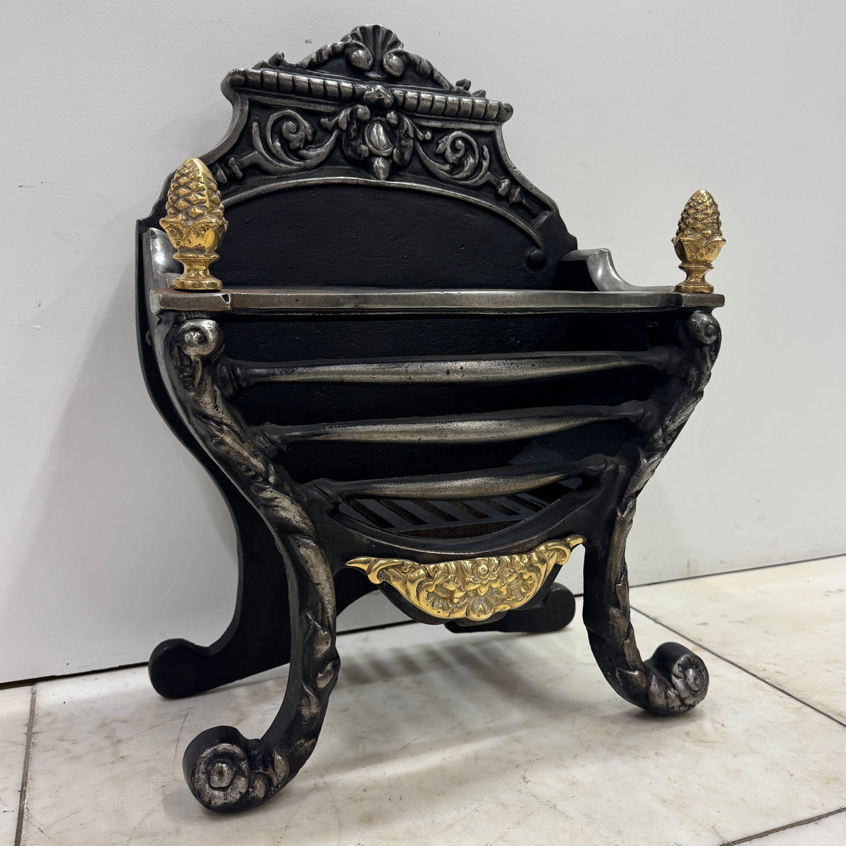 Reclaimed Cast Iron Fire Basket With Brass Finials