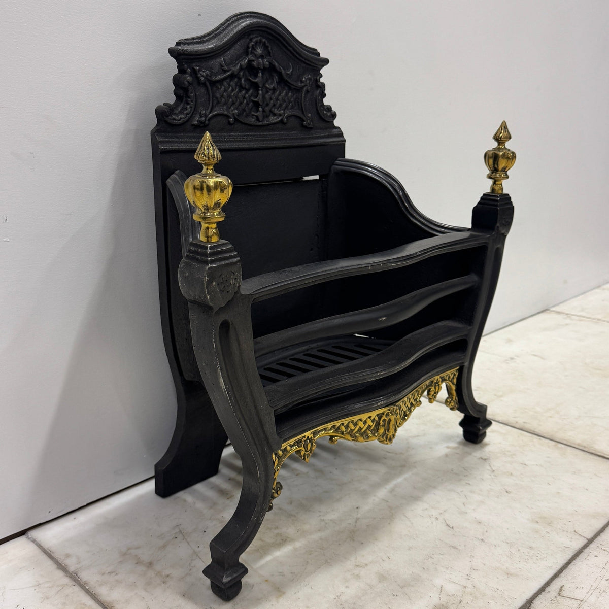Reclaimed Cast Iron Fire Basket with Brass Finials and Decorative Apron | The Architectural Forum