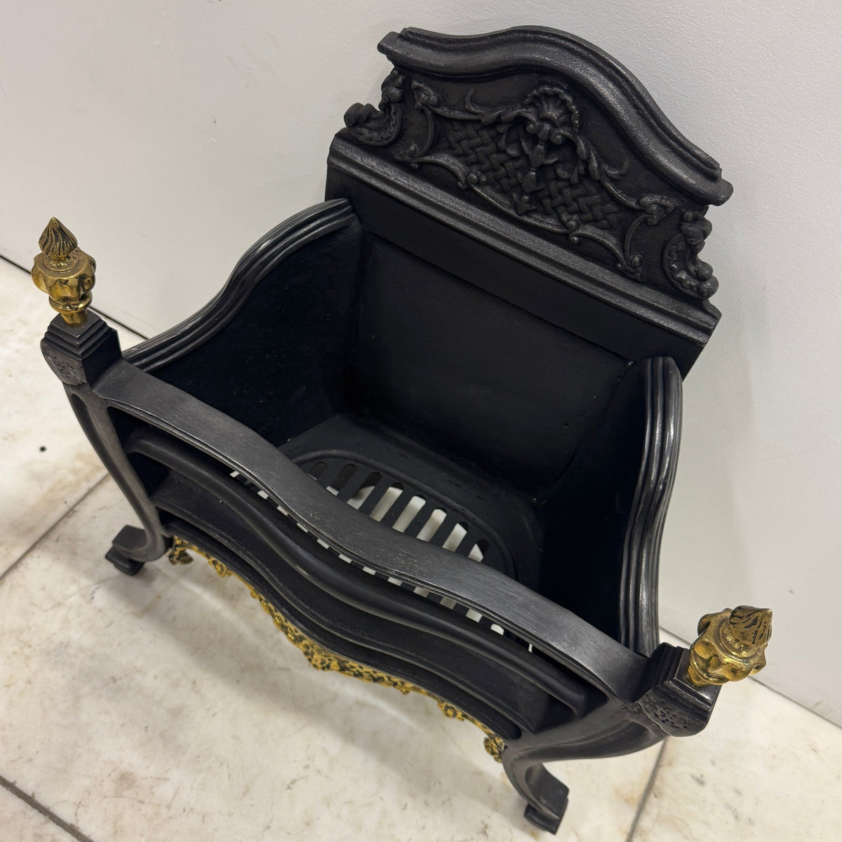 Reclaimed Cast Iron Fire Basket with Brass Finials and Decorative Apron | The Architectural Forum