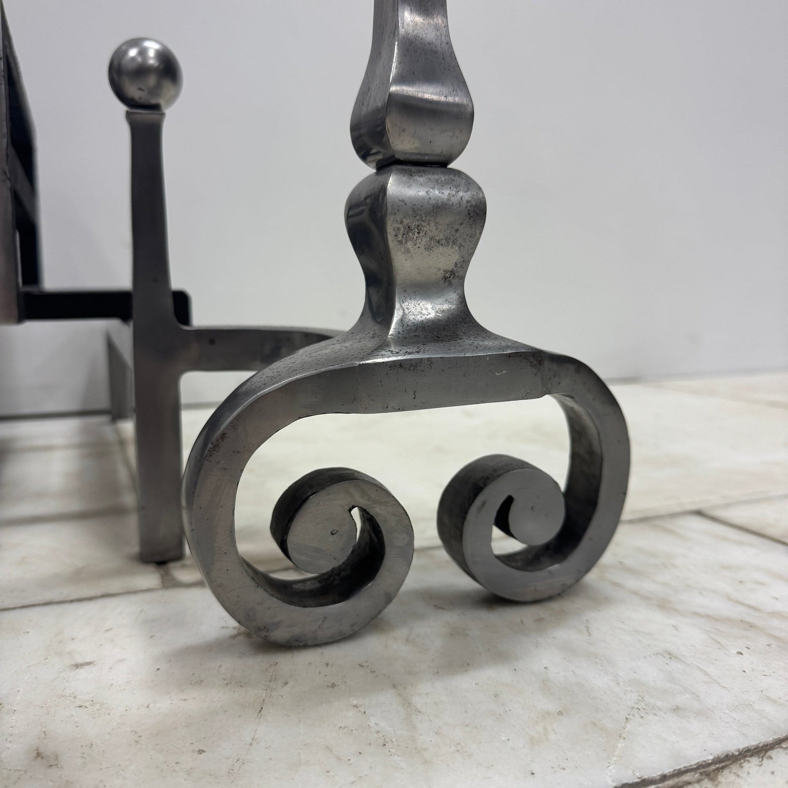 Reclaimed Polished Steel Byron Fire Basket with Newton Scroll Andirons | The Architectural Forum
