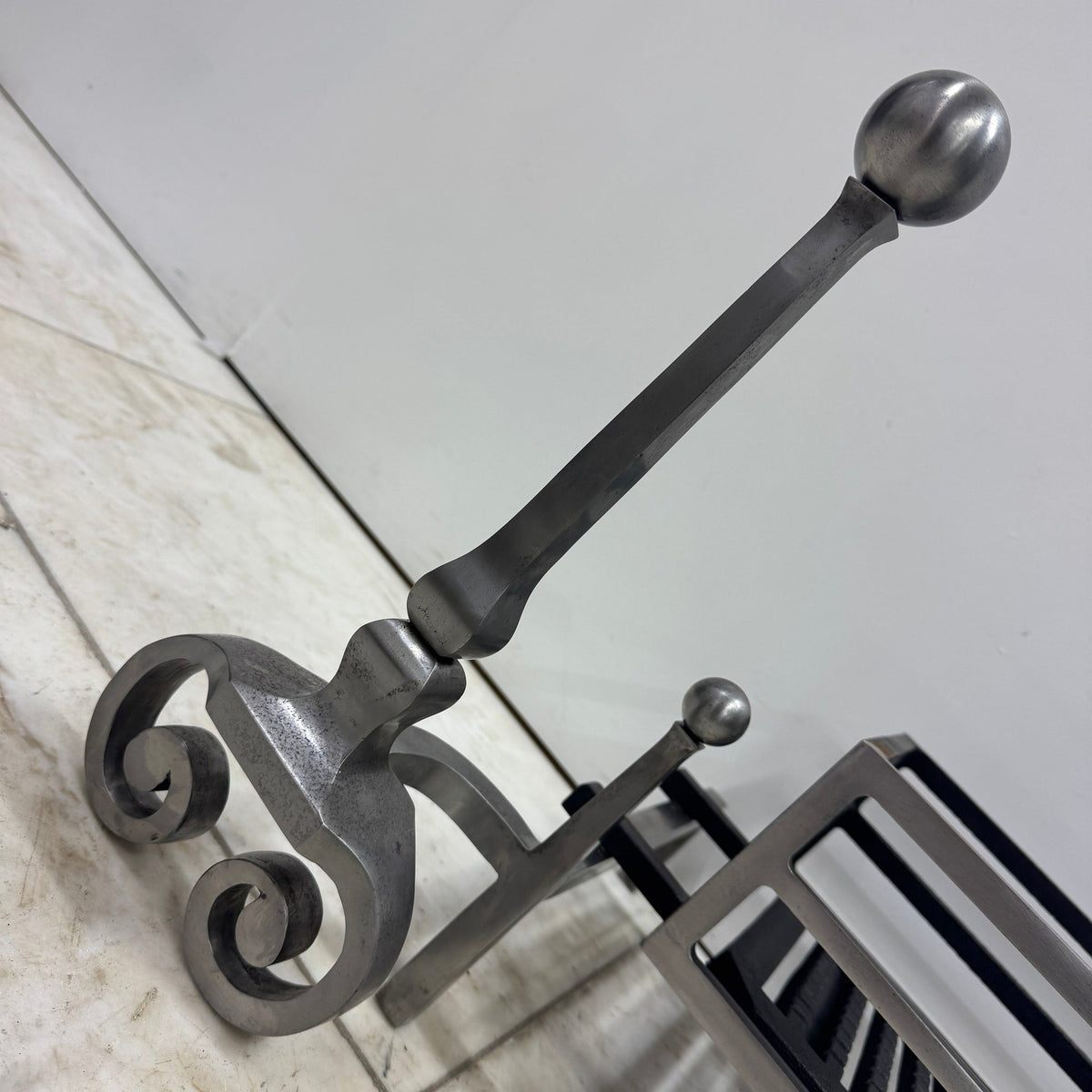 Reclaimed Polished Steel Byron Fire Basket with Newton Scroll Andirons | The Architectural Forum