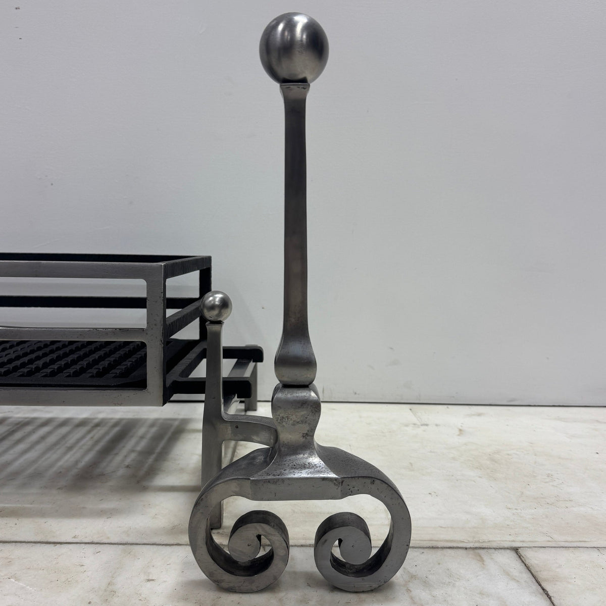 Reclaimed Polished Steel Byron Fire Basket with Newton Scroll Andirons | The Architectural Forum