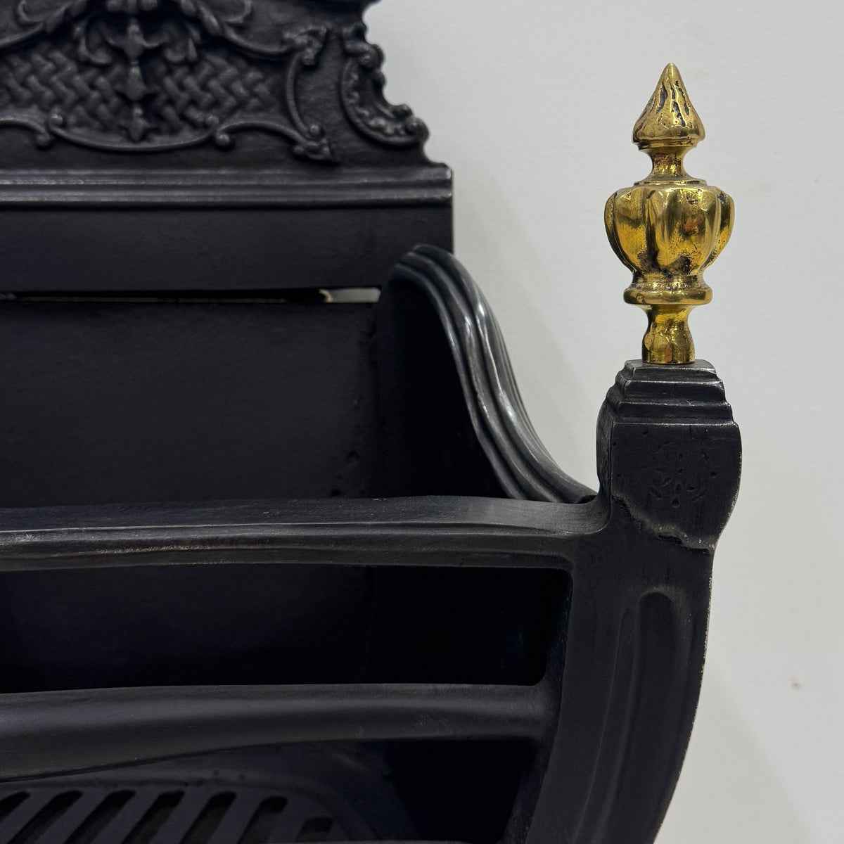 Reclaimed Cast Iron Fire Basket with Brass Finials and Decorative Apron | The Architectural Forum