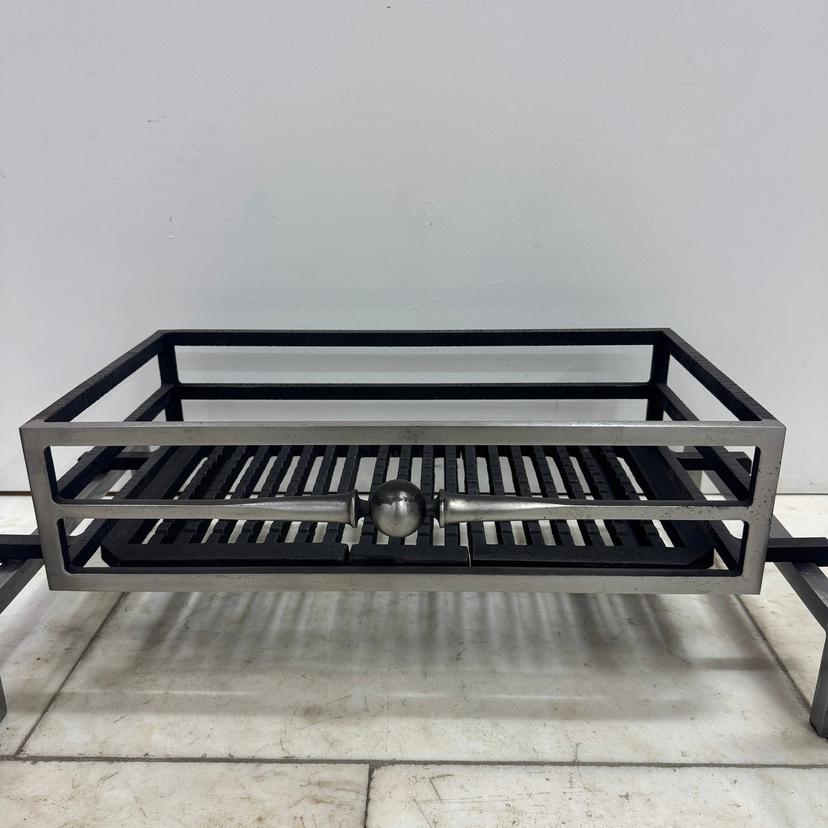 Reclaimed Polished Steel Byron Fire Basket with Newton Scroll Andirons | The Architectural Forum