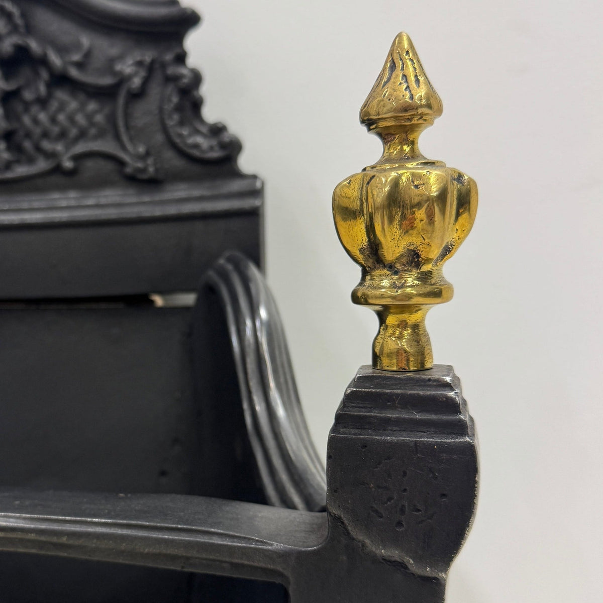 Reclaimed Cast Iron Fire Basket with Brass Finials and Decorative Apron | The Architectural Forum