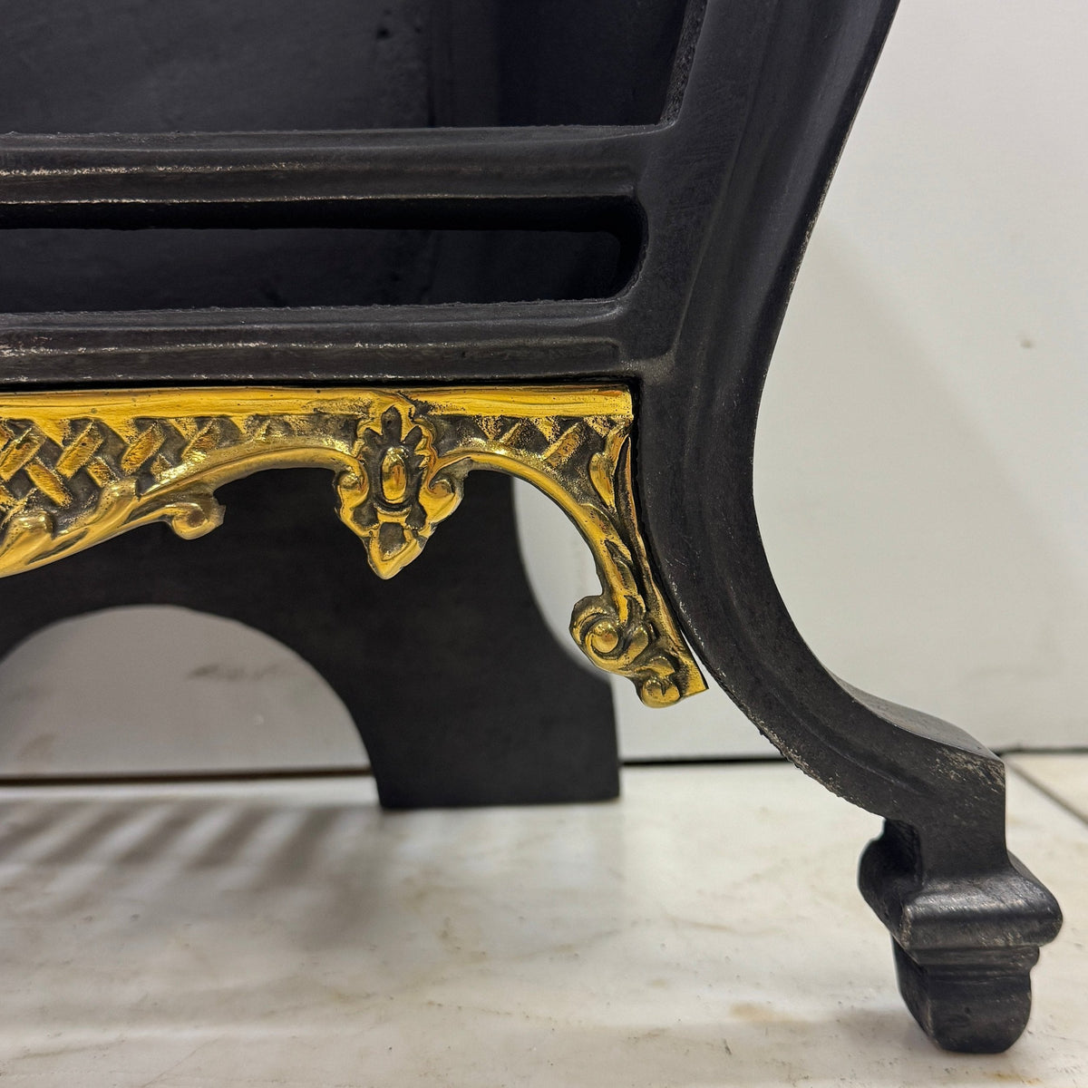 Reclaimed Cast Iron Fire Basket with Brass Finials and Decorative Apron | The Architectural Forum