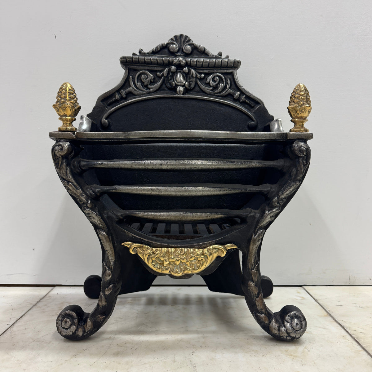 Reclaimed Cast Iron Fire Basket With Brass Finials