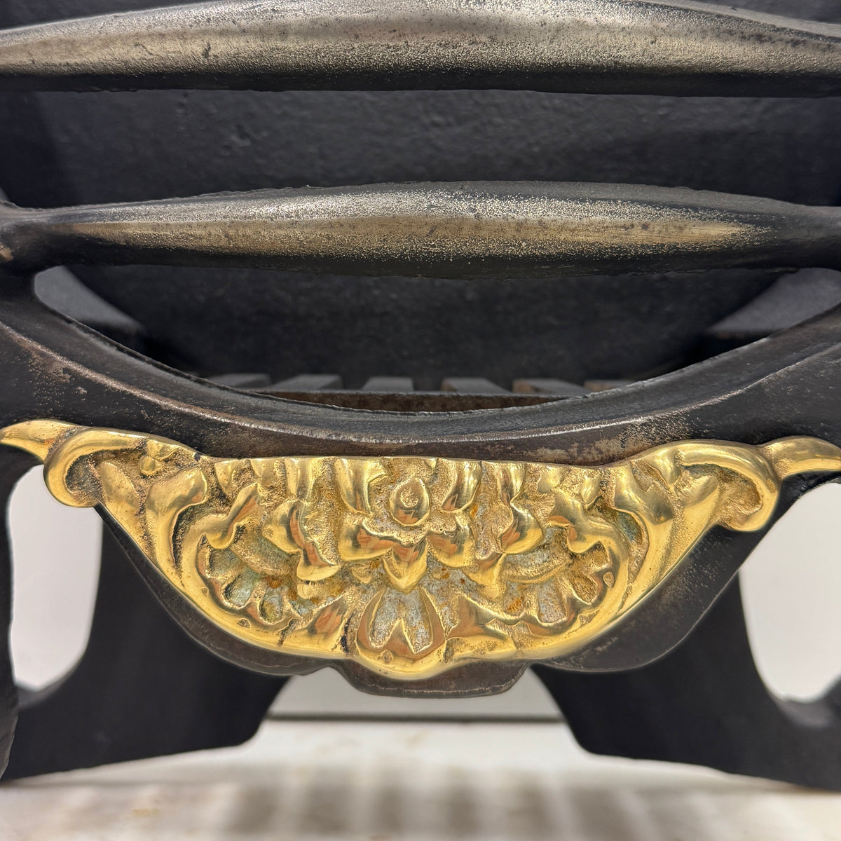 Reclaimed Cast Iron Fire Basket With Brass Finials