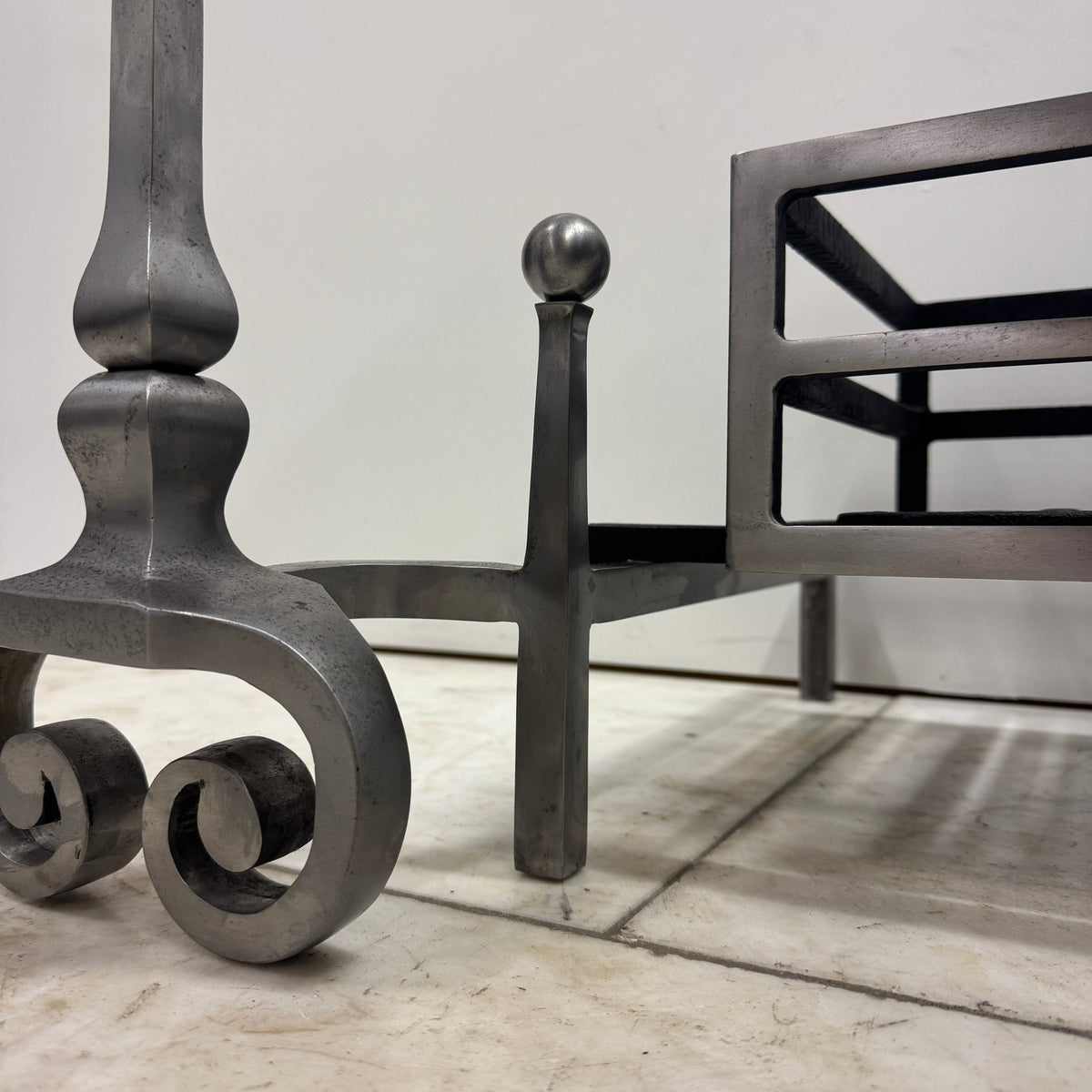 Reclaimed Polished Steel Byron Fire Basket with Newton Scroll Andirons | The Architectural Forum