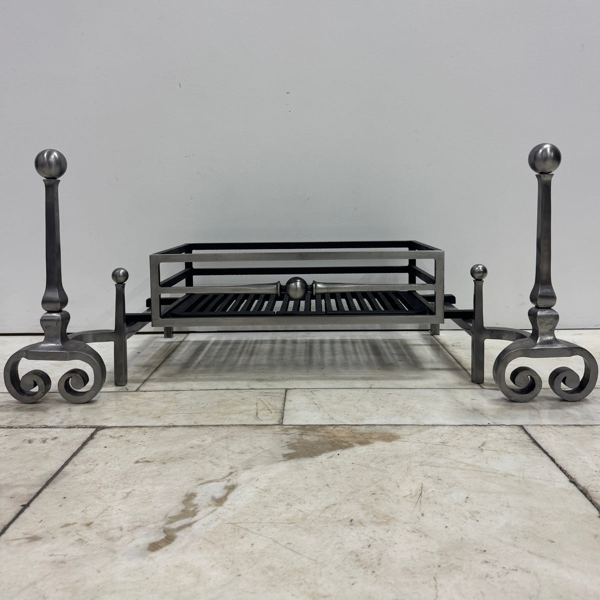 Reclaimed Polished Steel Byron Fire Basket with Newton Scroll Andirons | The Architectural Forum