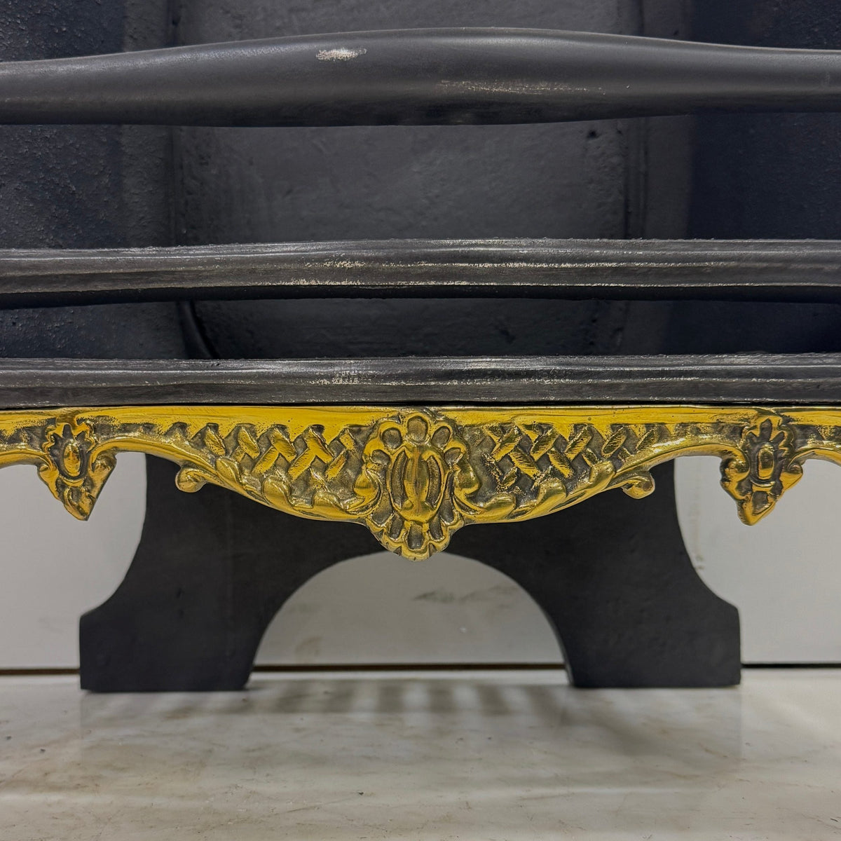 Reclaimed Cast Iron Fire Basket with Brass Finials and Decorative Apron | The Architectural Forum