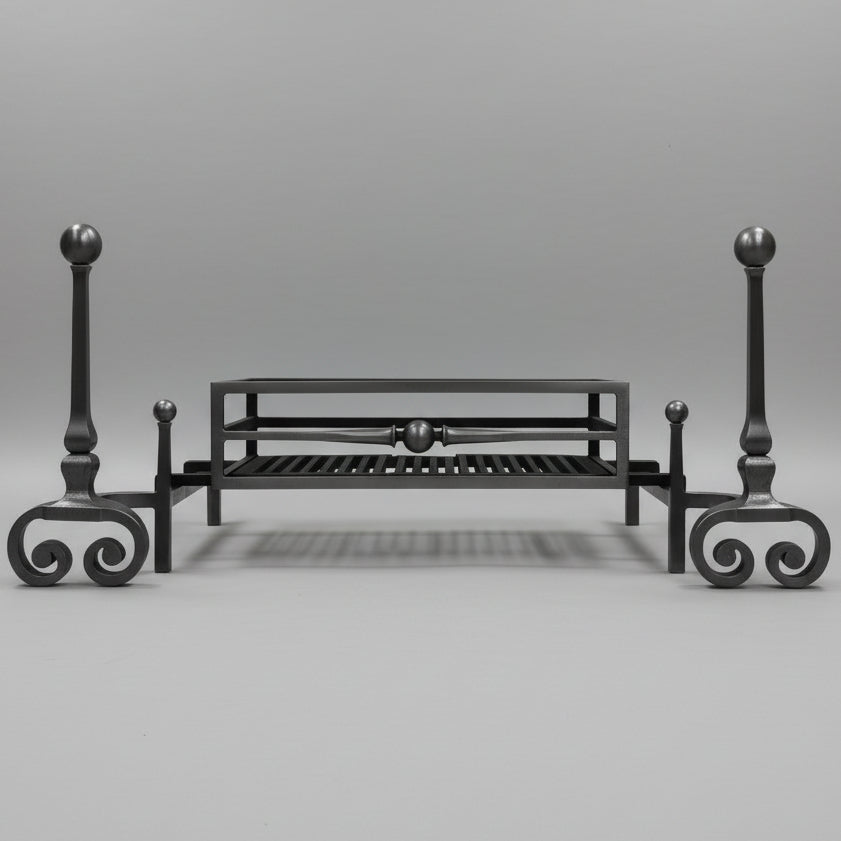 Reclaimed Polished Steel Byron Fire Basket with Newton Scroll Andirons | The Architectural Forum
