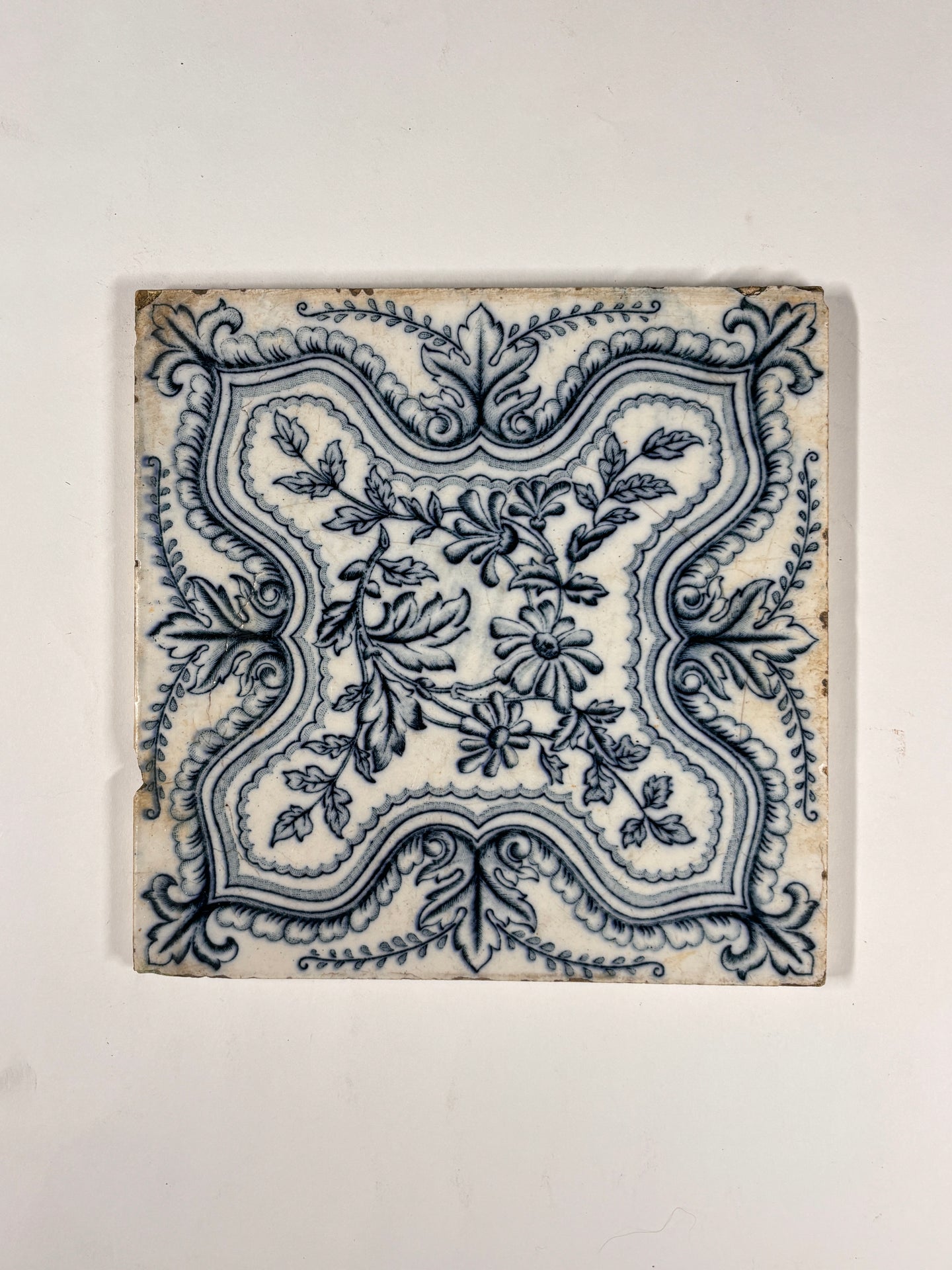 Antique Blue & White Floral Delft-Style Tiles Set of 2