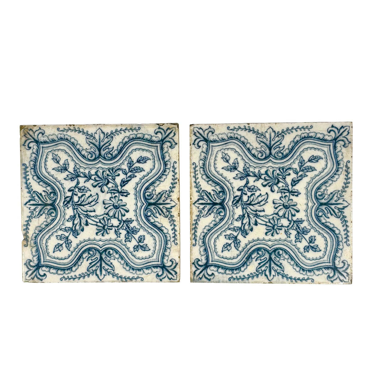 Antique Blue &amp; White Floral Delft-Style Tiles Set of 2