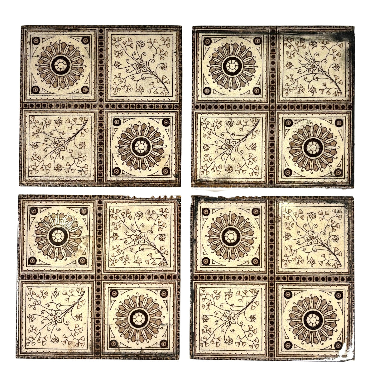Vintage Victorian-Style Decorative Tile Set with Floral &amp; Sun Motifs Set of 7 | The Architectural Forum