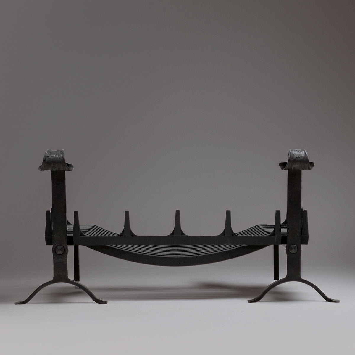 Antique Iron Swans Nest Fire Dogs &amp; Basket Set