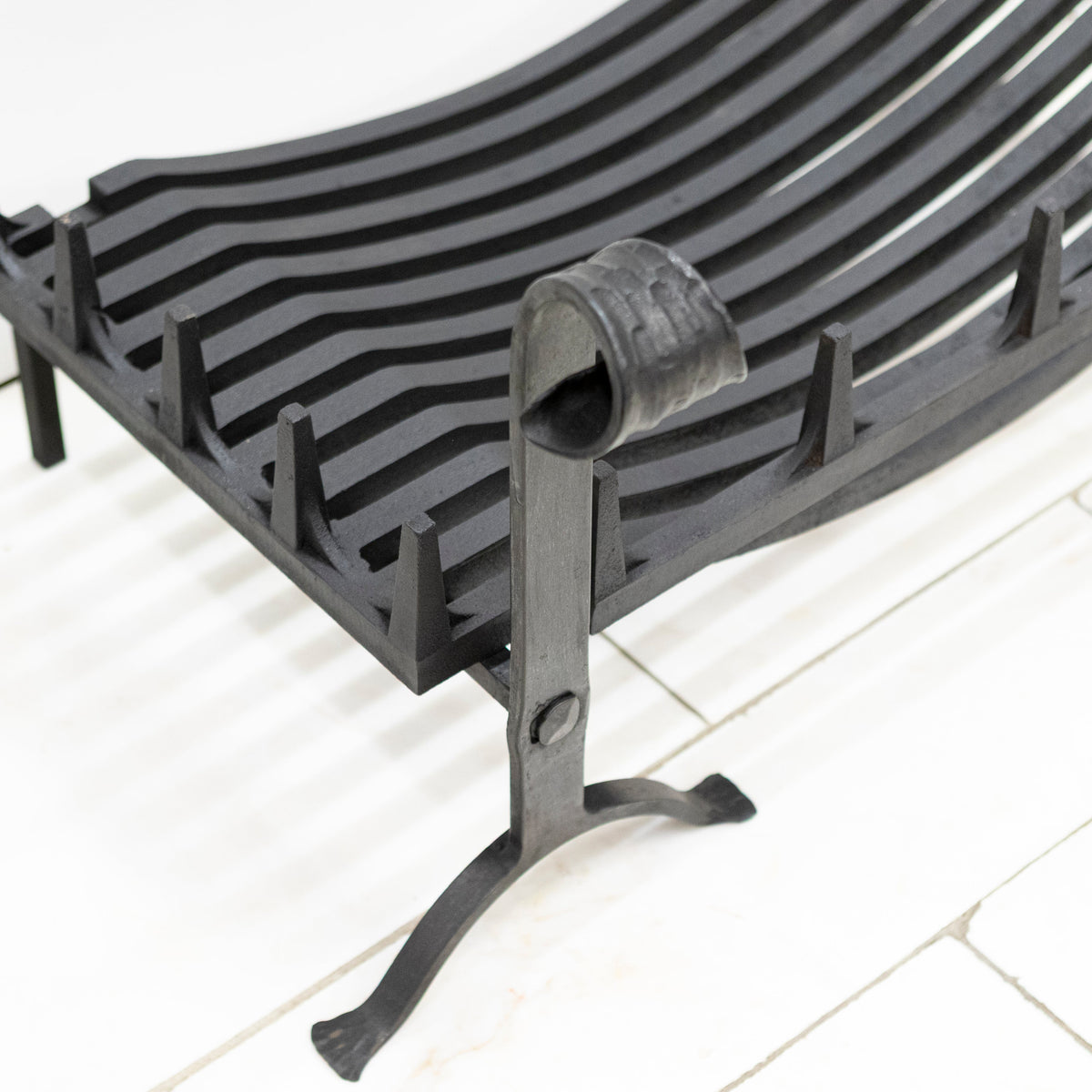 Antique Iron Swans Nest Fire Dogs &amp; Basket Set