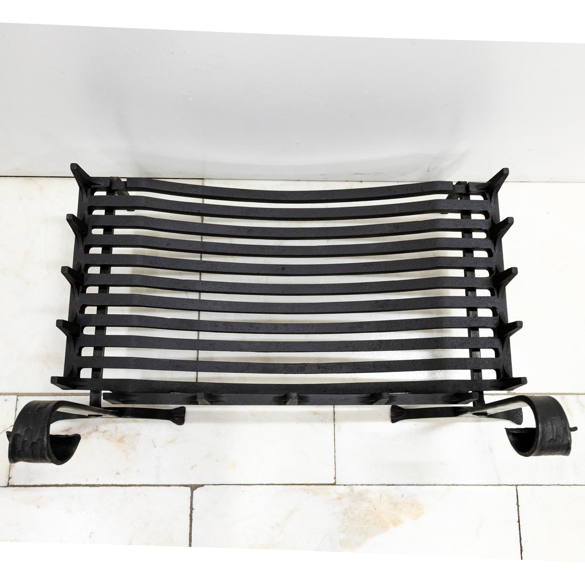 Antique Iron Swans Nest Fire Dogs &amp; Basket Set