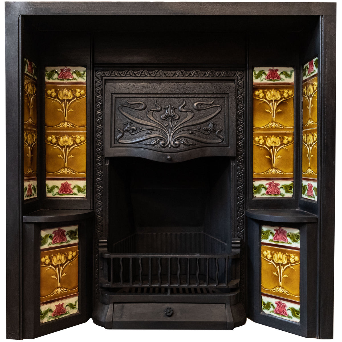 Large Antique Art Nouveau Cast Iron Tiled Fireplace Insert | The Architectural Forum