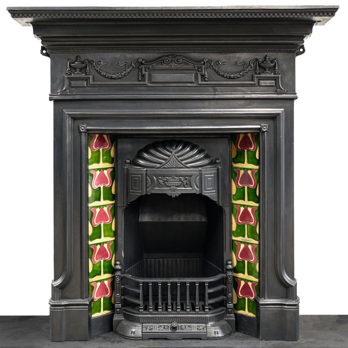 Antique Art Nouveau Combination Fireplace with Green &amp; Red Tiles | The Architectural Forum