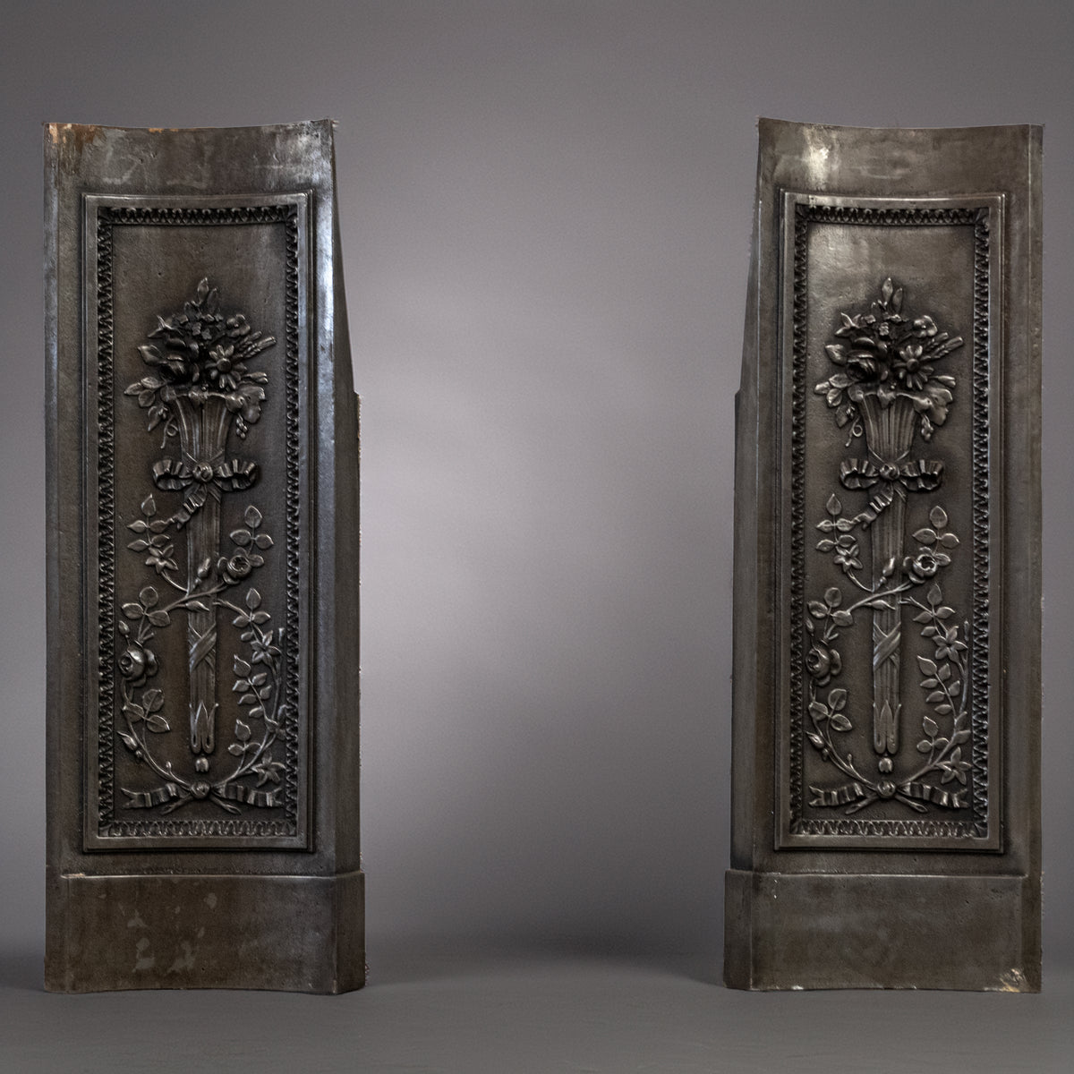 Antique Pair of Ornate Cast Iron Firelace Slips | Side Panel Cheeks | The Architectural Forum