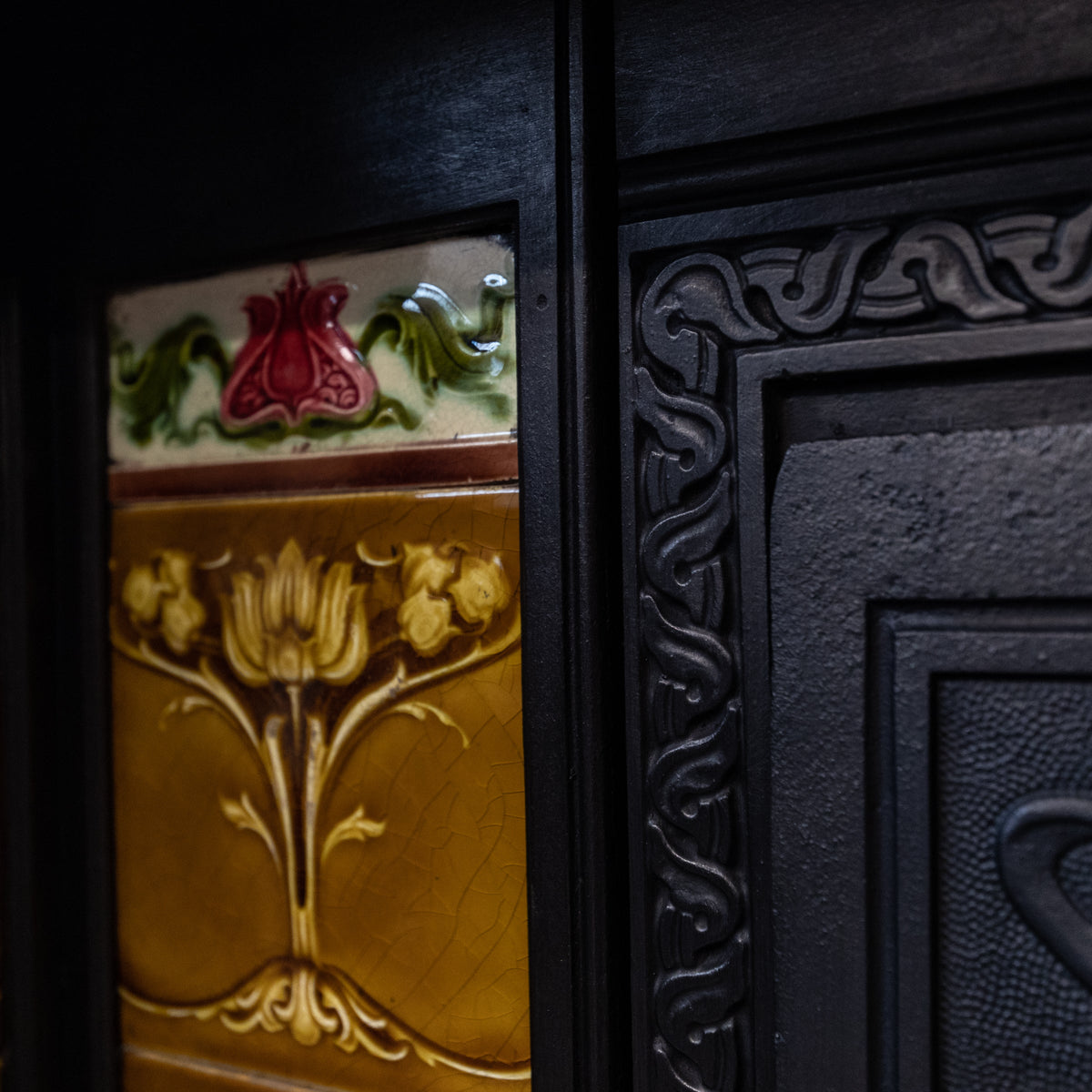 Large Antique Art Nouveau Cast Iron Tiled Fireplace Insert | The Architectural Forum