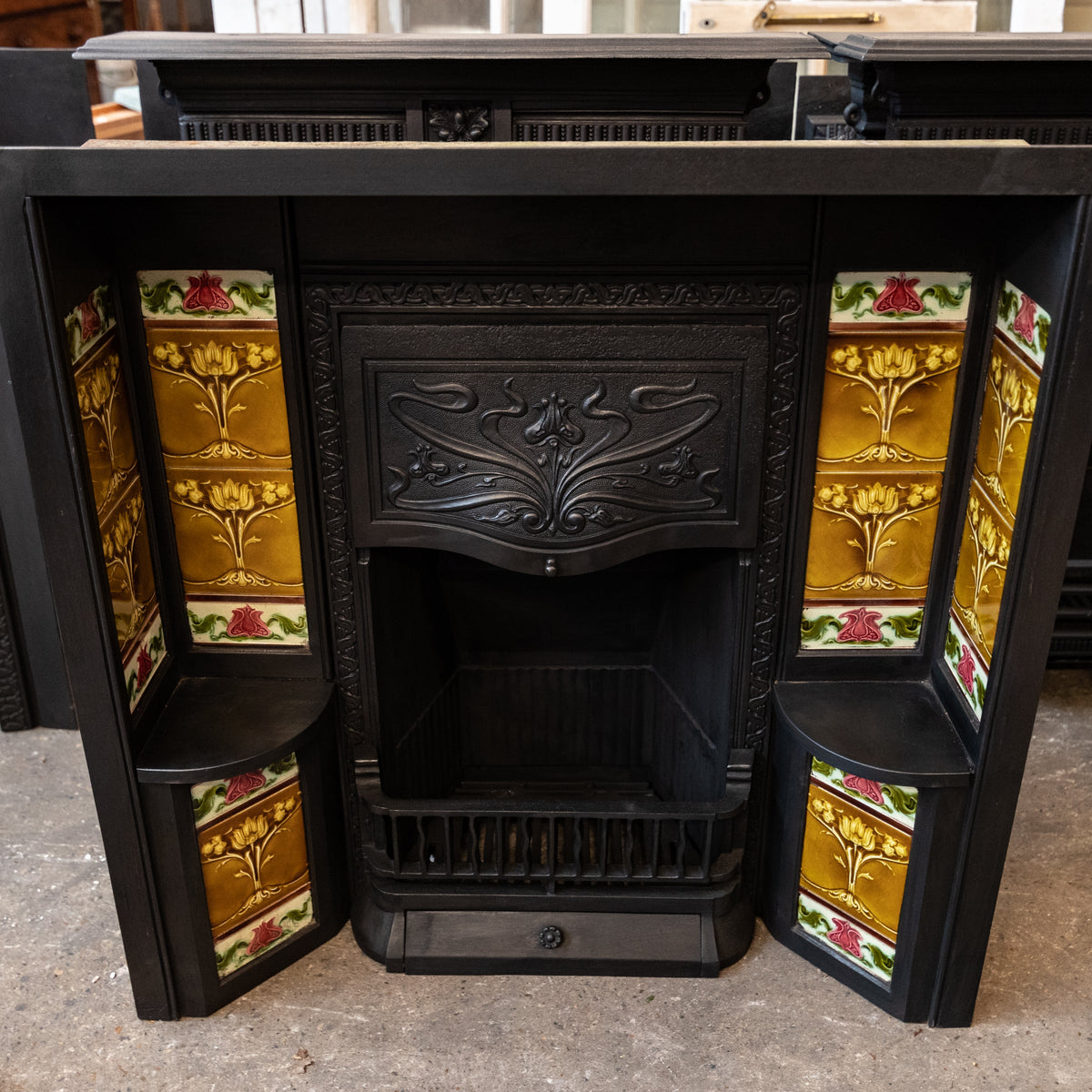 Large Antique Art Nouveau Cast Iron Tiled Fireplace Insert | The Architectural Forum