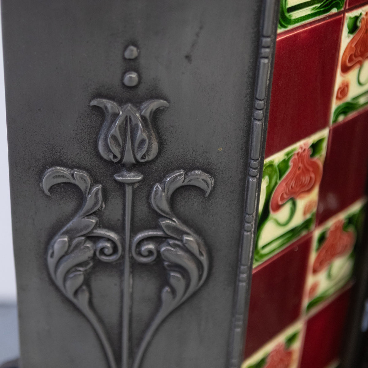 Antique Polished Cast Iron Art Nouveau Combination Fireplace With Tiles and Brass Hood | The Architectural Forum