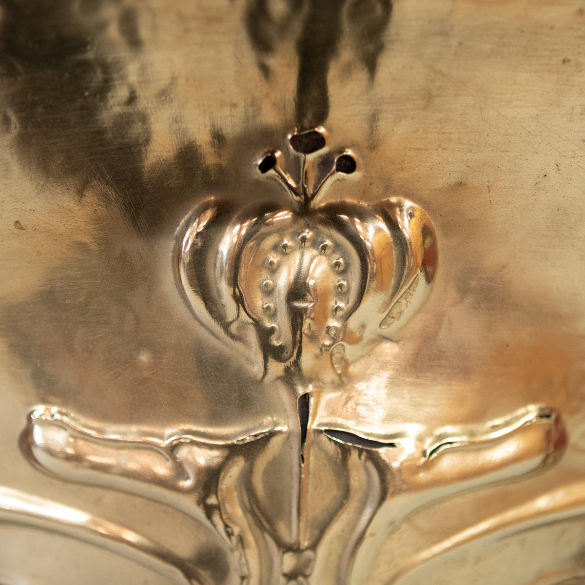 Antique Polished Cast Iron Art Nouveau Combination Fireplace With Tiles and Brass Hood | The Architectural Forum