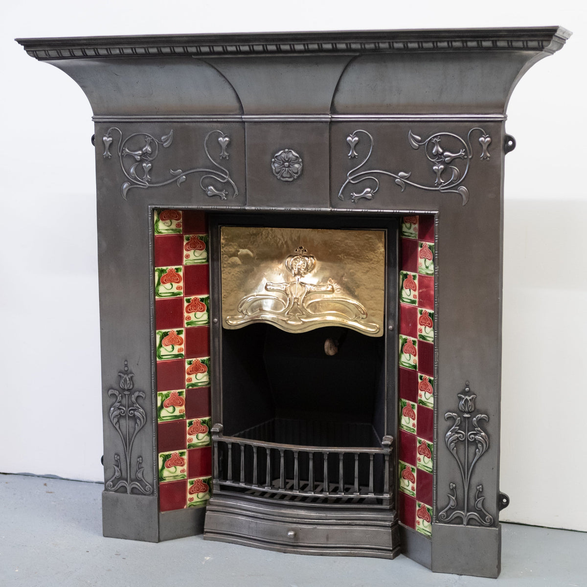 Antique Polished Cast Iron Art Nouveau Combination Fireplace With Tiles and Brass Hood | The Architectural Forum