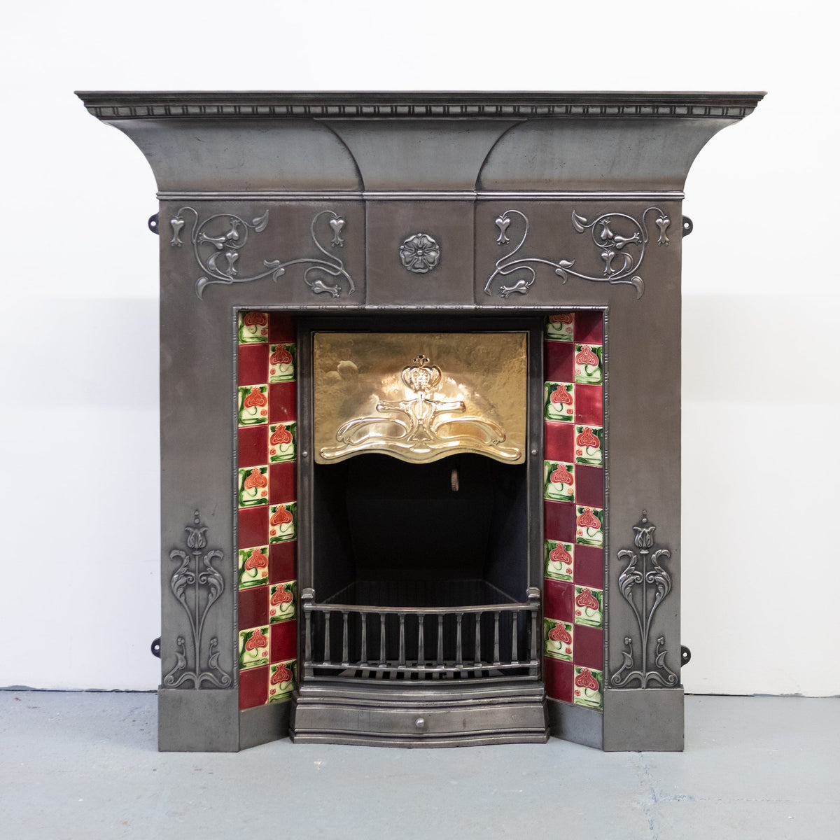 Antique Polished Cast Iron Art Nouveau Combination Fireplace With Tiles and Brass Hood | The Architectural Forum