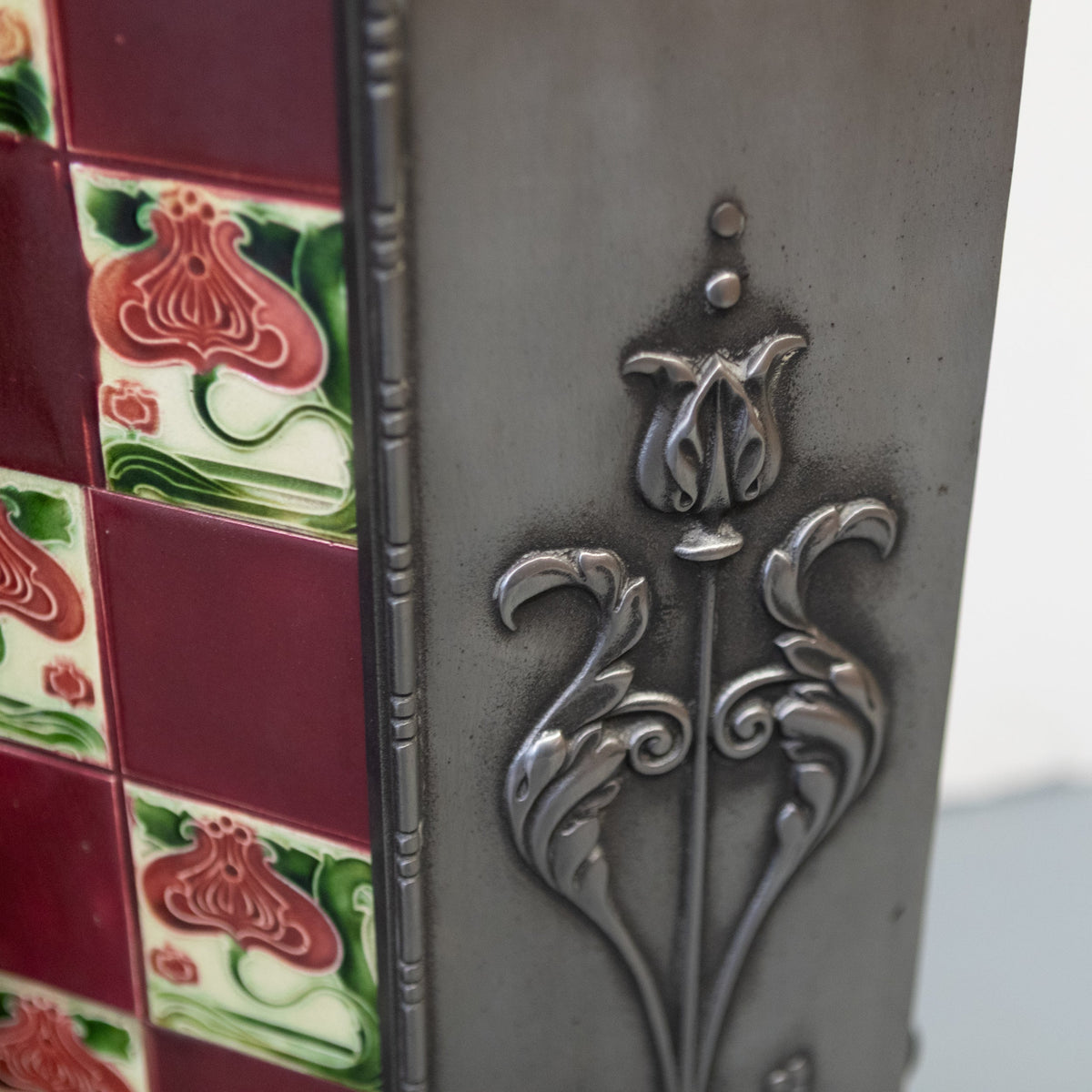Antique Polished Cast Iron Art Nouveau Combination Fireplace With Tiles and Brass Hood | The Architectural Forum