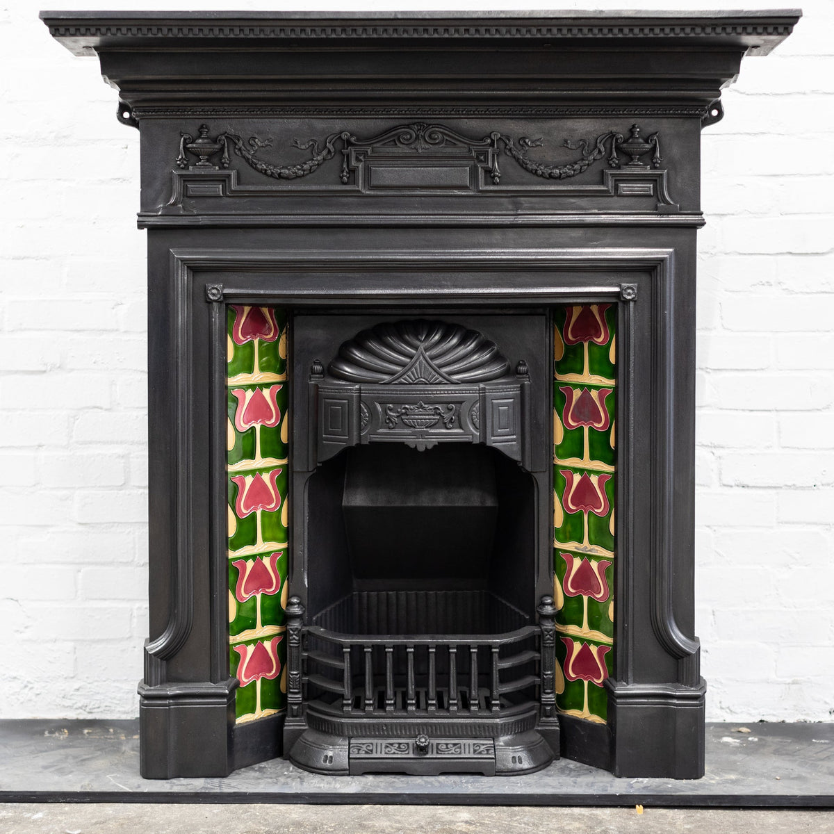 Antique Art Nouveau Combination Fireplace with Green &amp; Red Tiles | The Architectural Forum