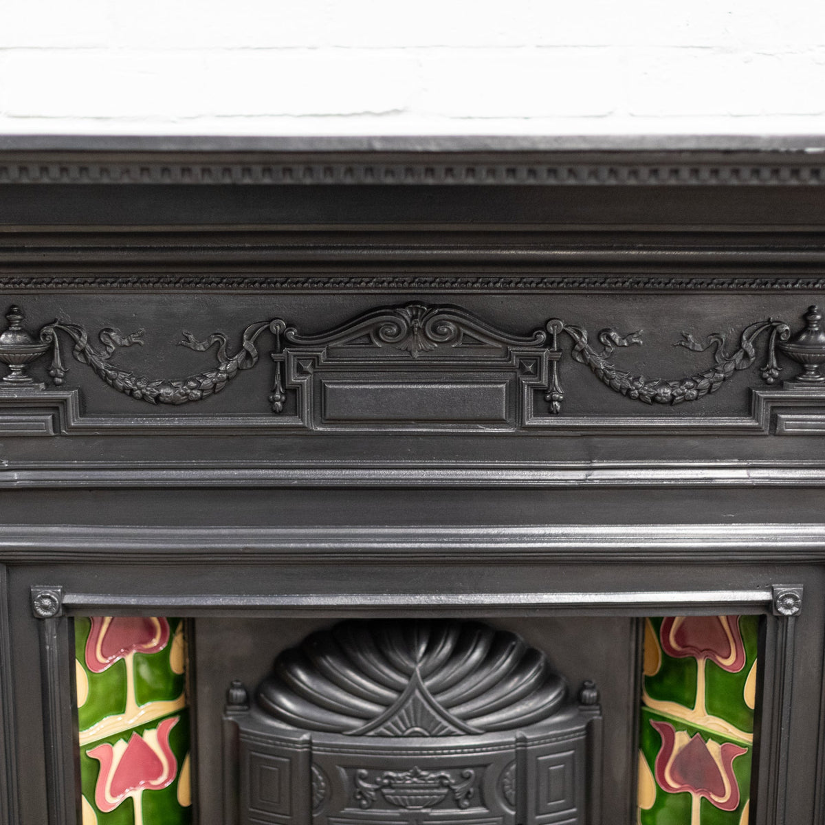 Antique Art Nouveau Combination Fireplace with Green &amp; Red Tiles | The Architectural Forum