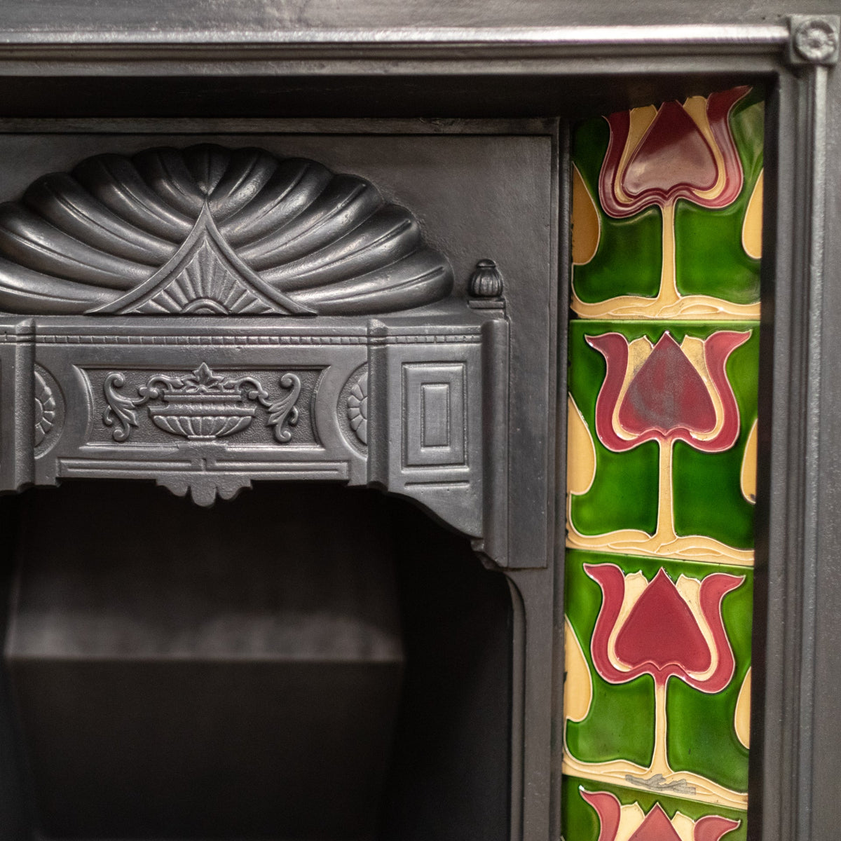 Antique Art Nouveau Combination Fireplace with Green &amp; Red Tiles | The Architectural Forum