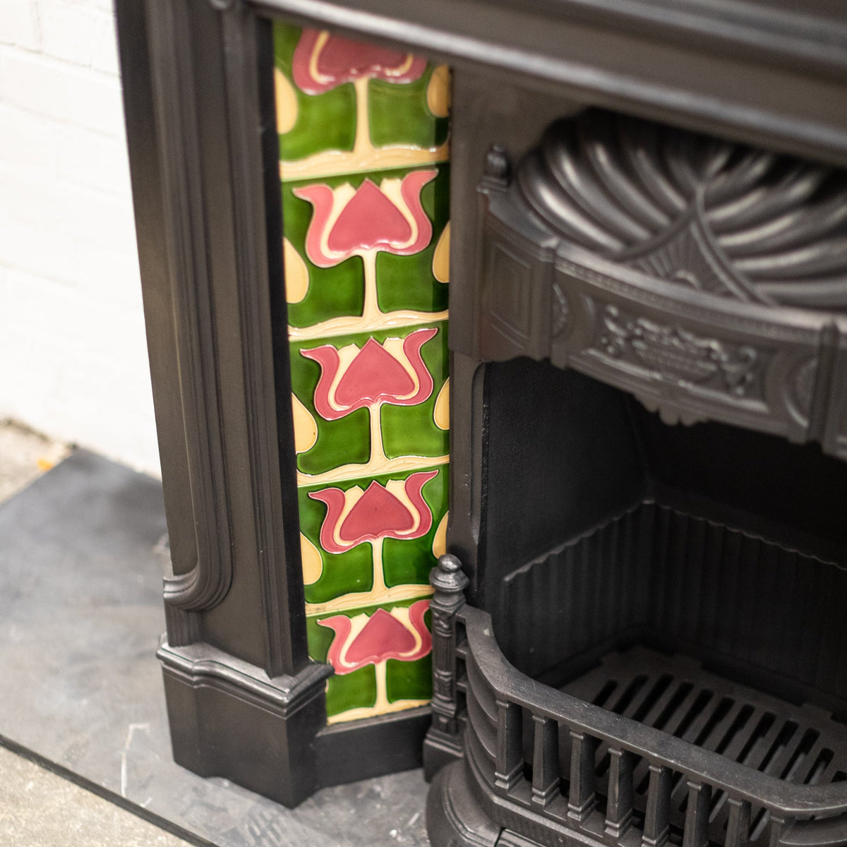 Antique Art Nouveau Combination Fireplace with Green &amp; Red Tiles | The Architectural Forum