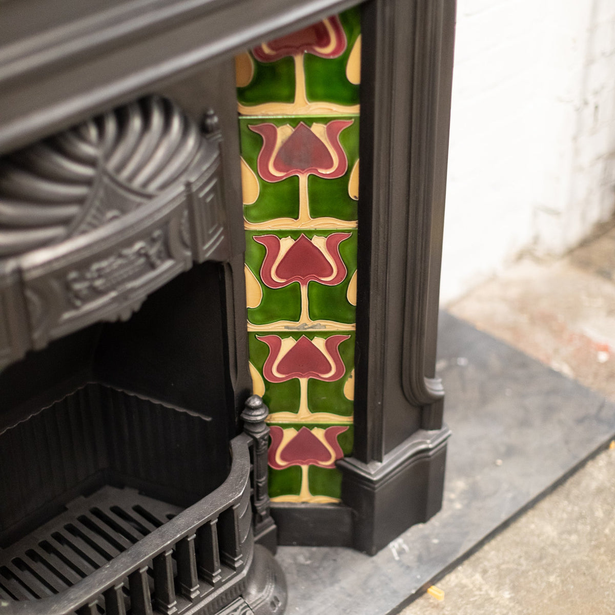 Antique Art Nouveau Combination Fireplace with Green &amp; Red Tiles | The Architectural Forum