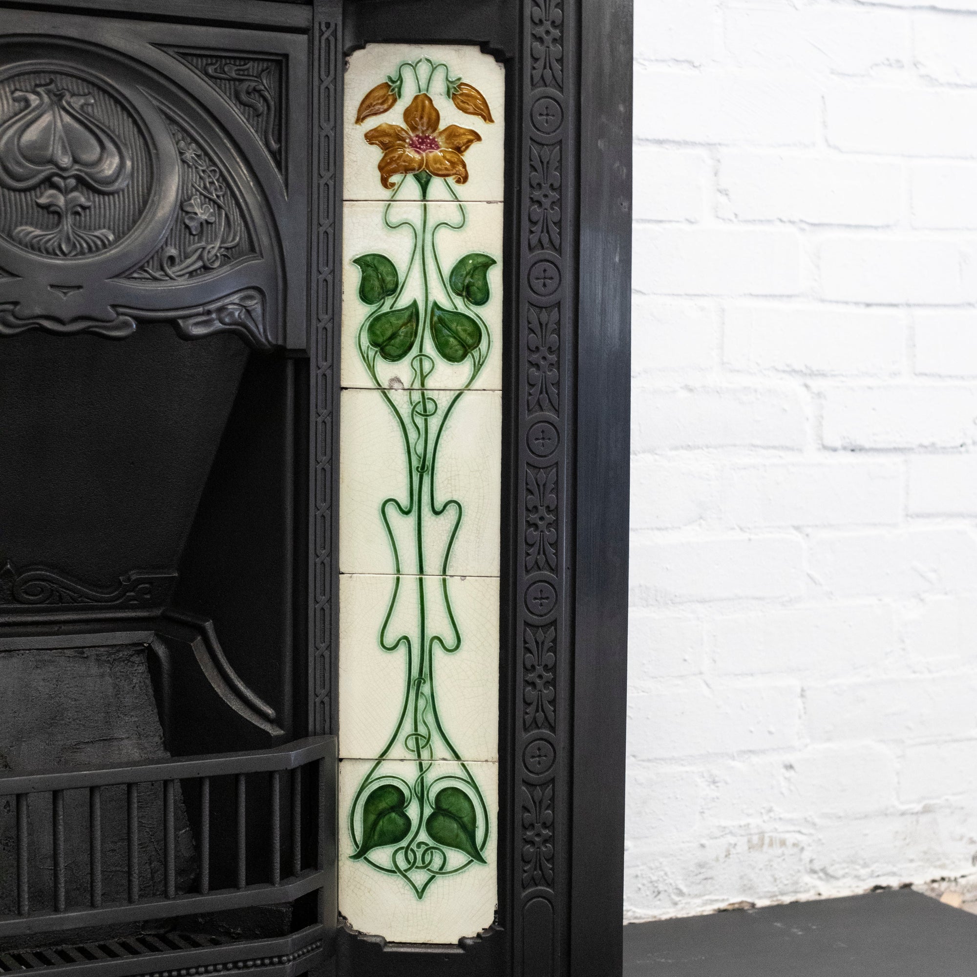 Antique Art Nouveau Cast Iron Fireplace Insert with Tiles | The Architectural Forum