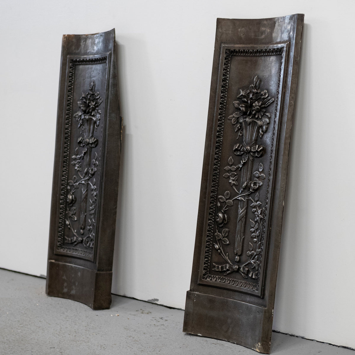 Antique Pair of Ornate Cast Iron Firelace Slips | Side Panel Cheeks | The Architectural Forum