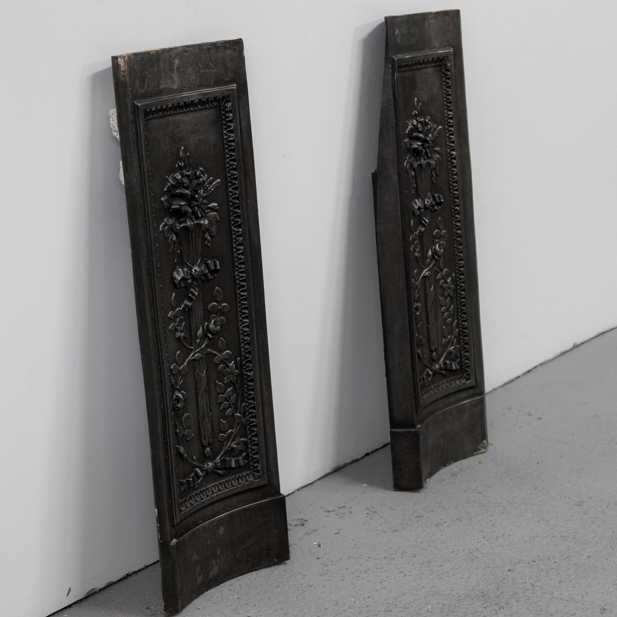 Antique Pair of Ornate Cast Iron Firelace Slips | Side Panel Cheeks | The Architectural Forum
