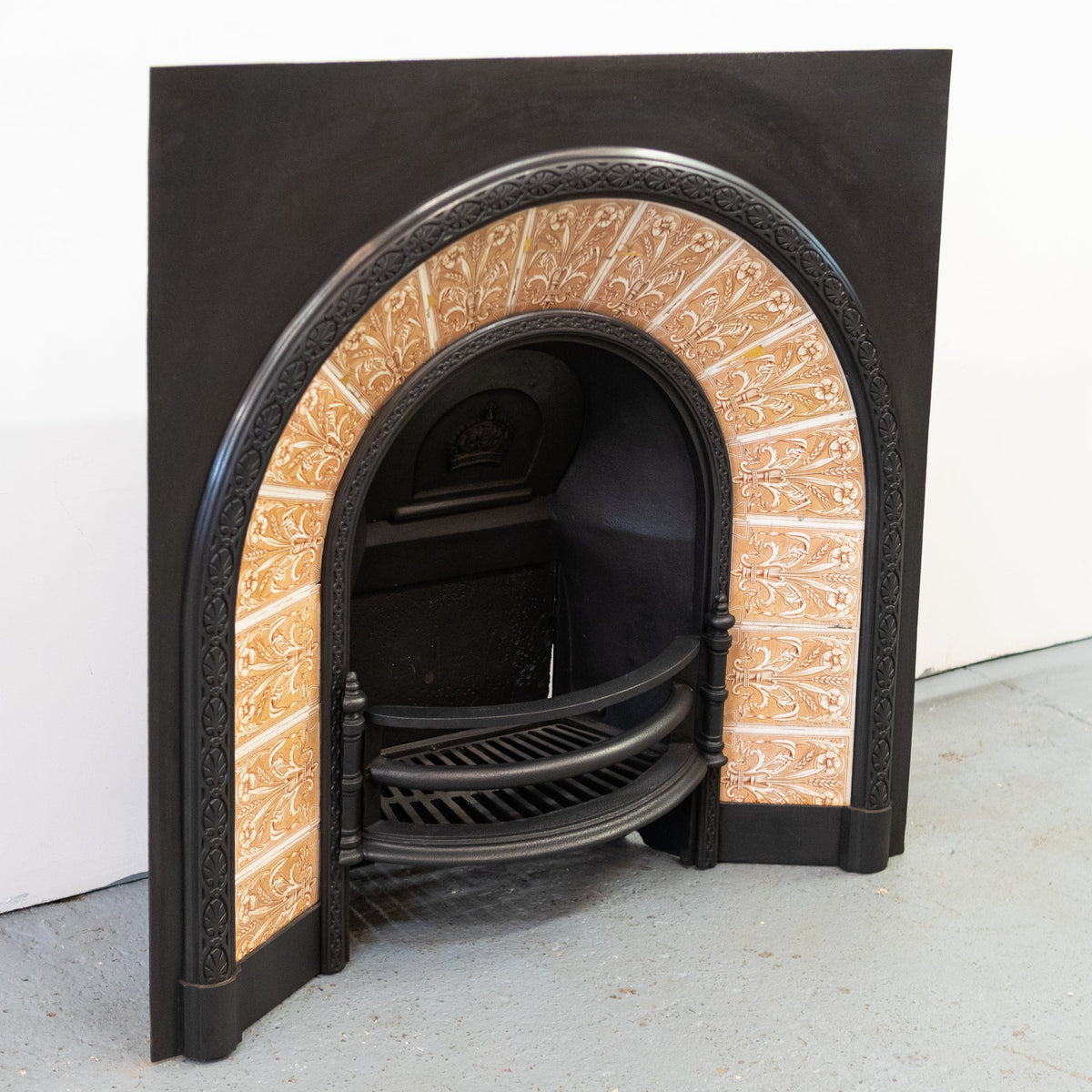 Antique Fireplace Insert with Tiled Arched Opening | Steele &amp; Wood Tiles