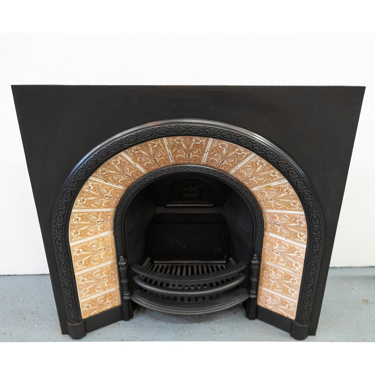 Antique Fireplace Insert with Tiled Arched Opening | Steele &amp; Wood Tiles