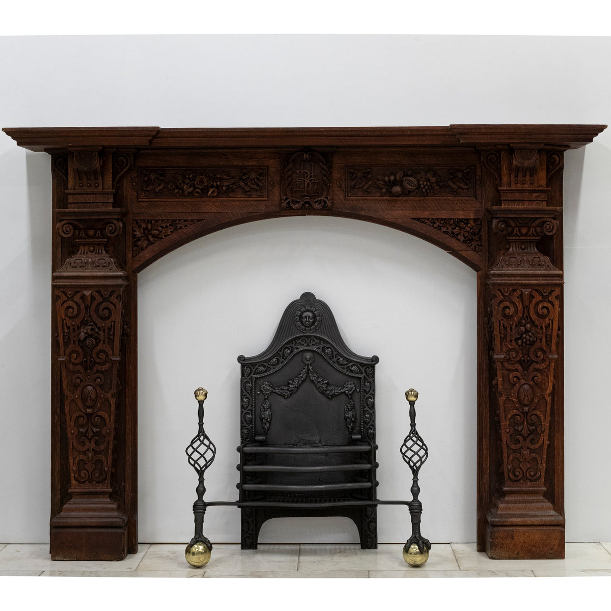 Monumental Antique Arts &amp; Crafts Carved Oak Fireplace Surround